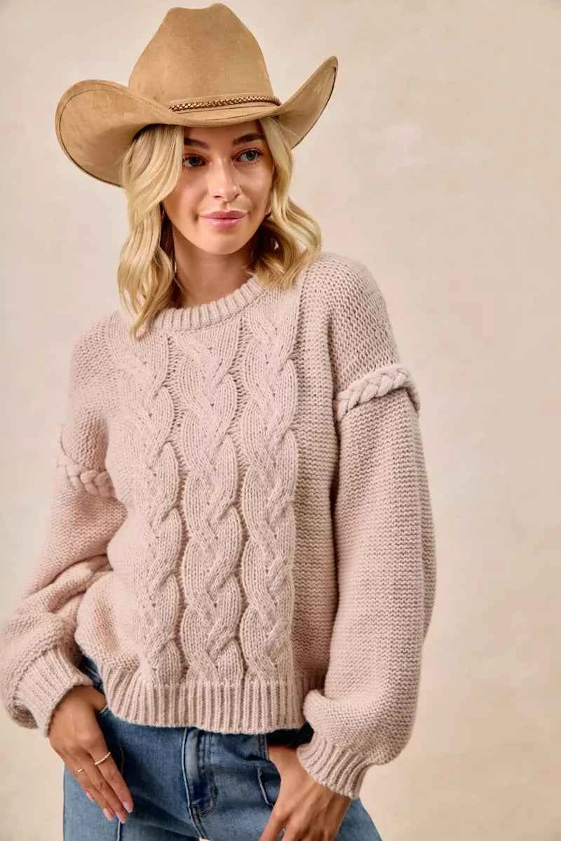 BiBi Cable Knit Sweater with Shoulder Braid Detail BiBi Cable Knit Sweater with Shoulder Braid Detail