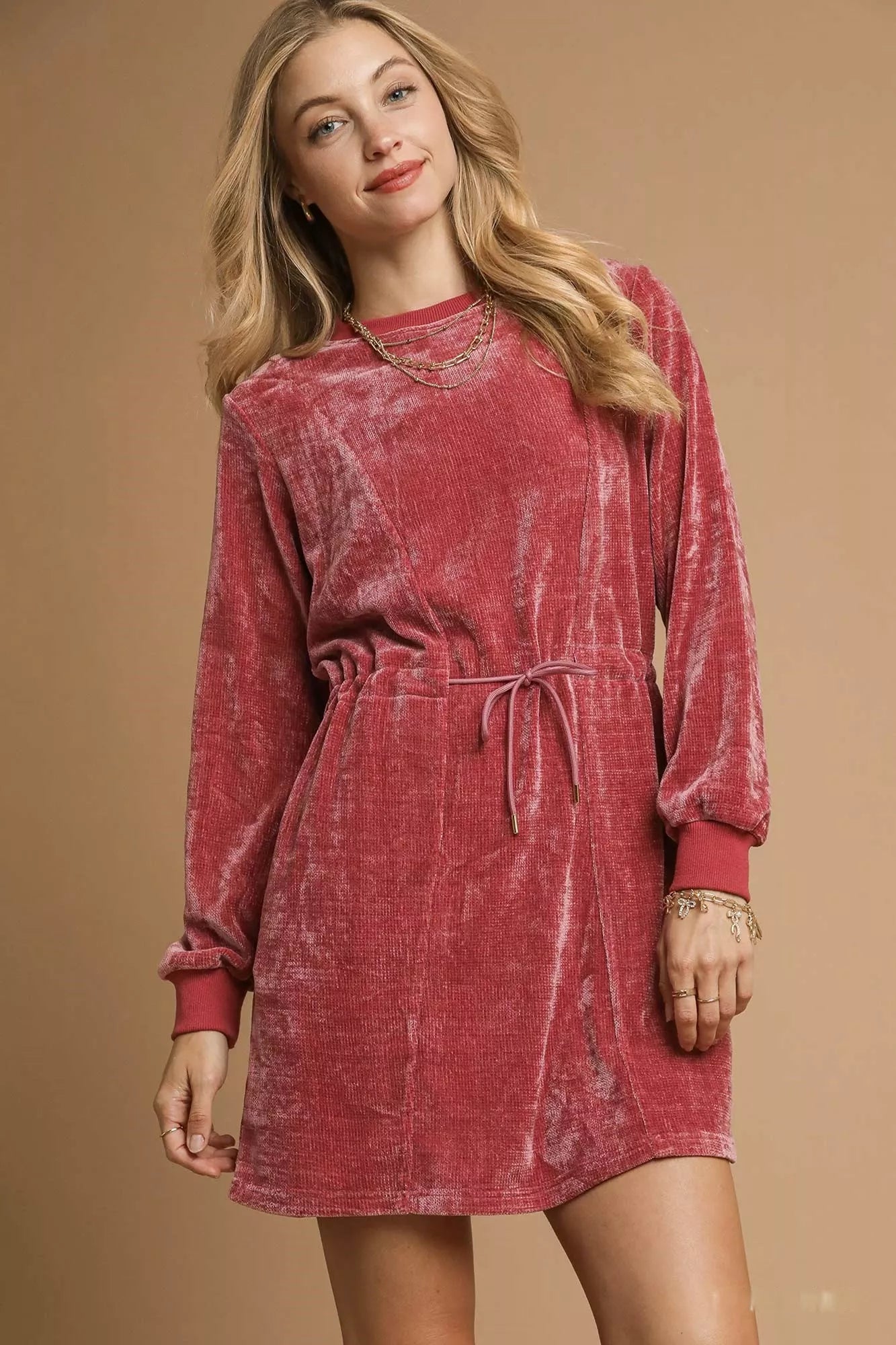 Umgee Velour Drawstring Mini Dress with Long Sleeves 633a8bb2-c1f6-4d2b-b543-465aeca1e0bd-Max-Origin