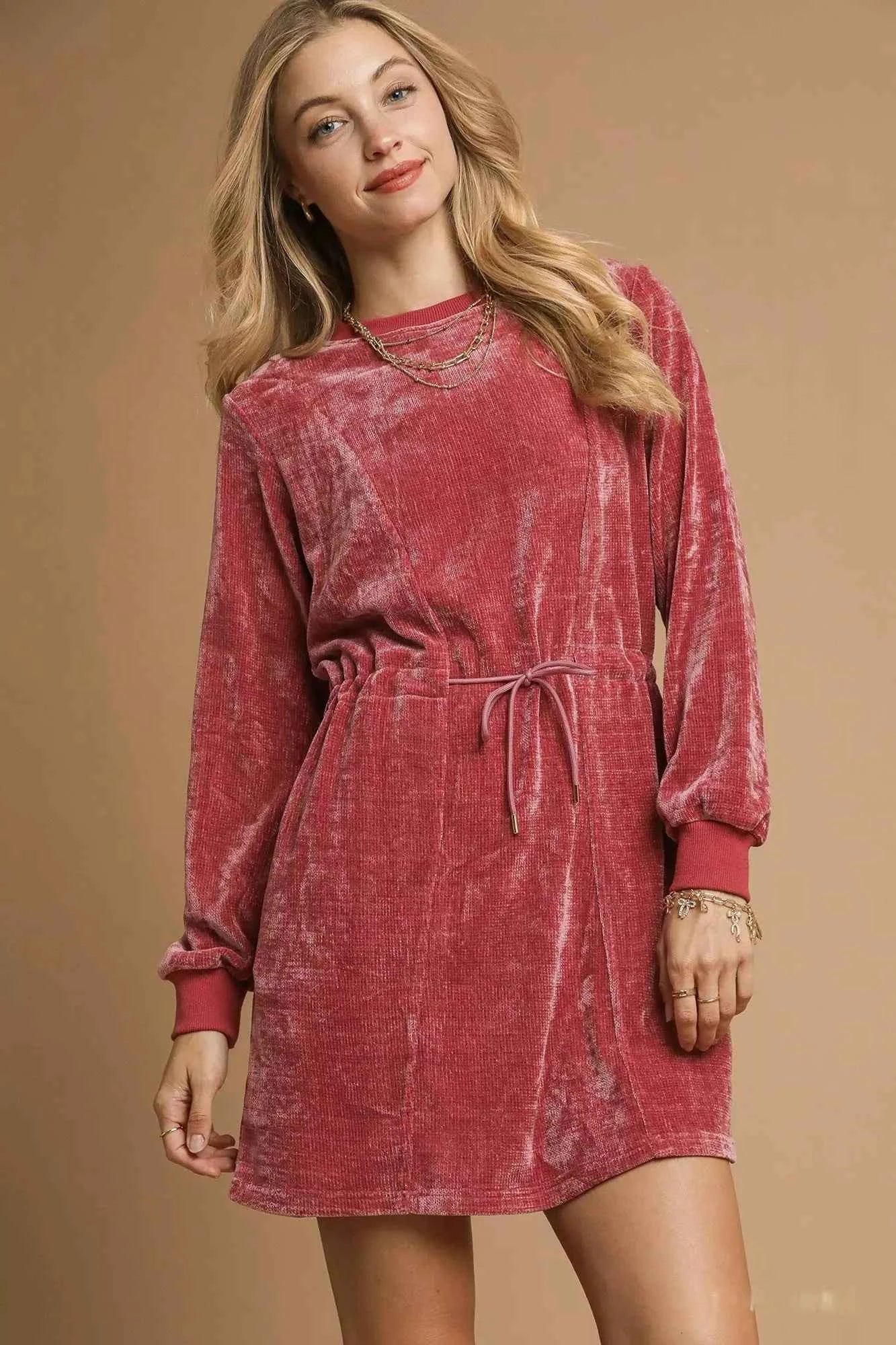 Umgee Velour Drawstring Mini Dress with Long Sleeves Umgee Velour Drawstring Mini Dress with Long Sleeves