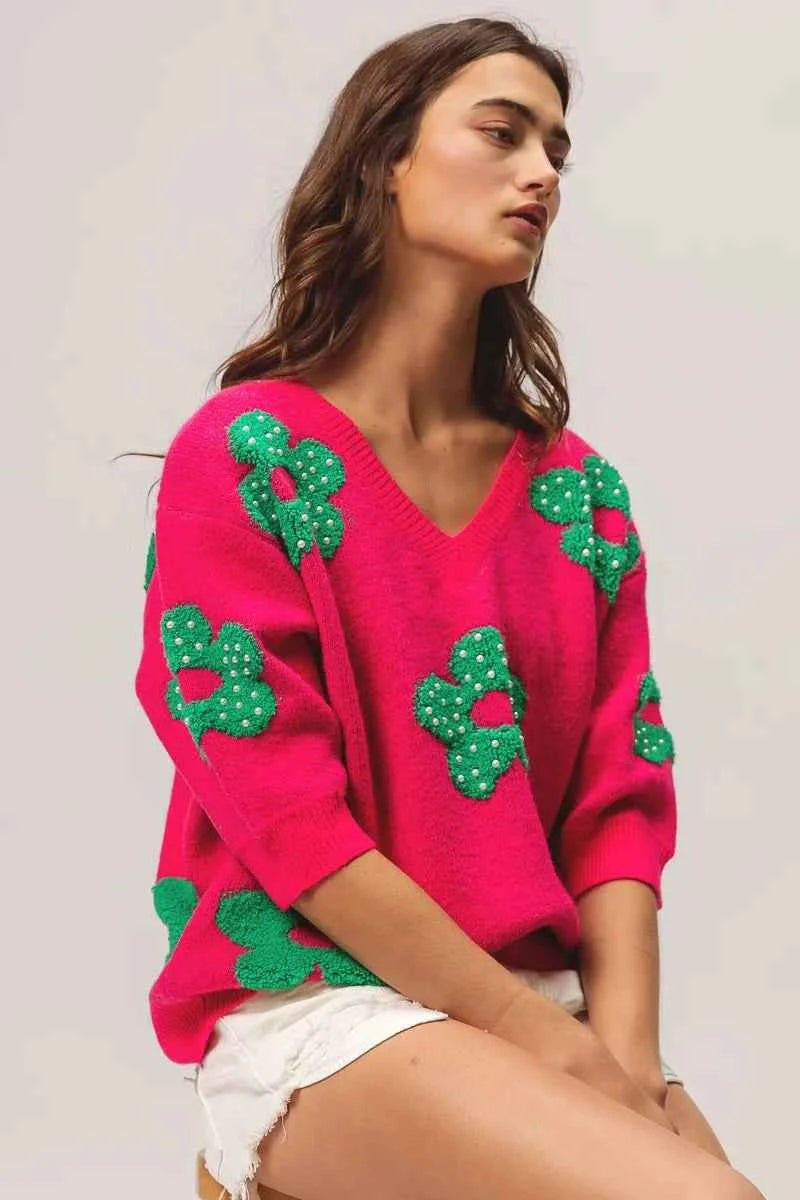BiBi Pearl Beads Flowers Sweater Top BiBi Pearl Beads Flowers Sweater Top