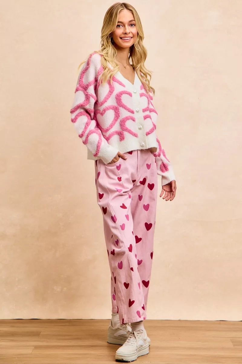 BiBi Textured Heart Buttoned V Neck Cardigan 634ab3a63e2746c09c7ec7624541ceae-Max-Origin