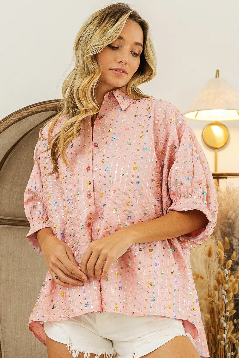 BiBi Sequin Striped Short Dolman Sleeve Blouse 6374686ecff04f059318d9a63852b816-Max-Origin