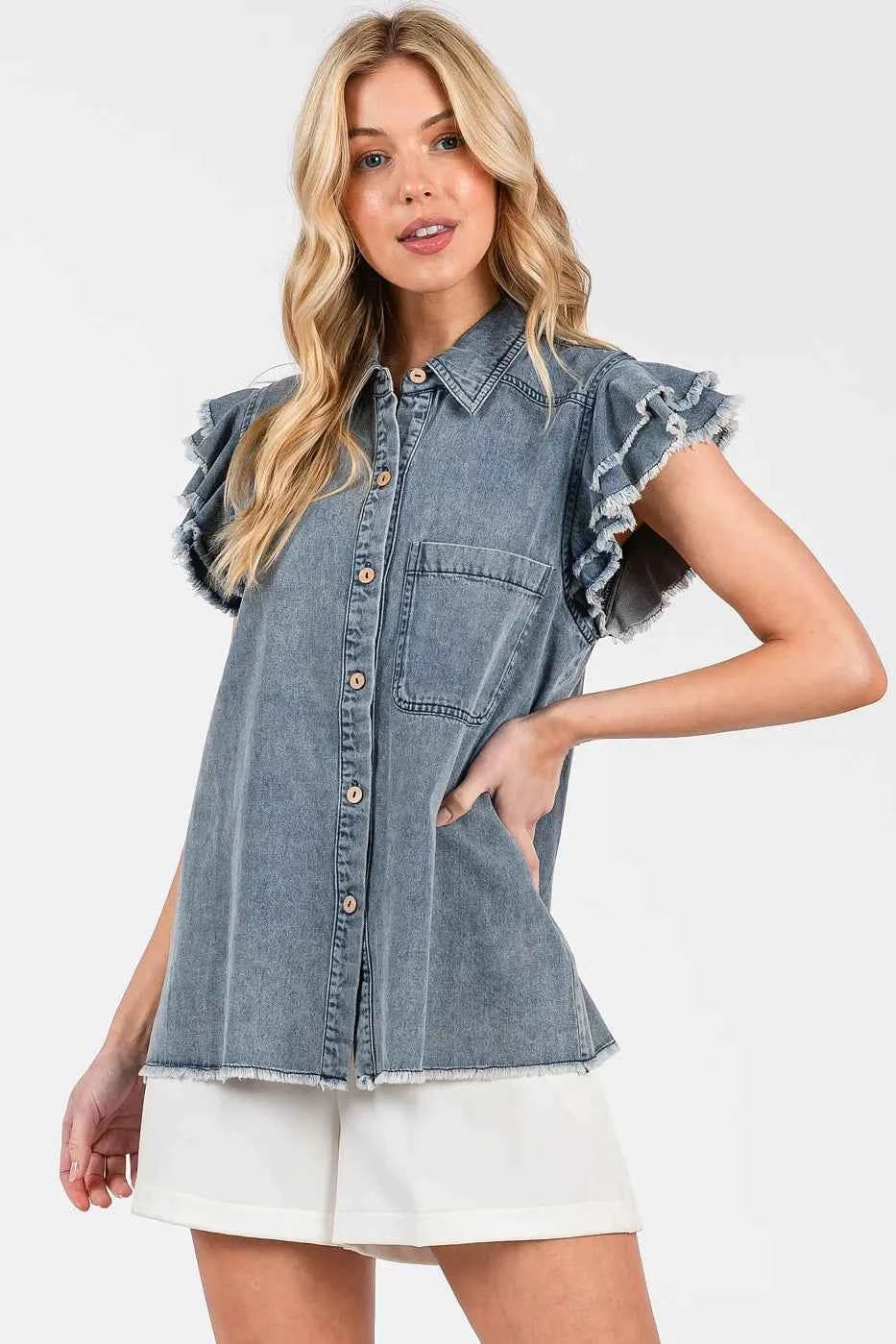 Mittoshop Washed Denim Ruffle Short Sleeve Collared Shirt Mittoshop Washed Denim Ruffle Short Sleeve Collared Shirt