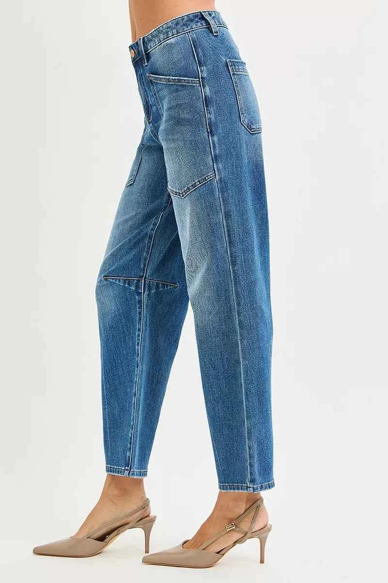 RISEN 4 Way Stretch Mid Rise Barrel Jeans with Patch Pocket Detail RISEN 4 Way Stretch Mid Rise Barrel Jeans with Patch Pocket Detail