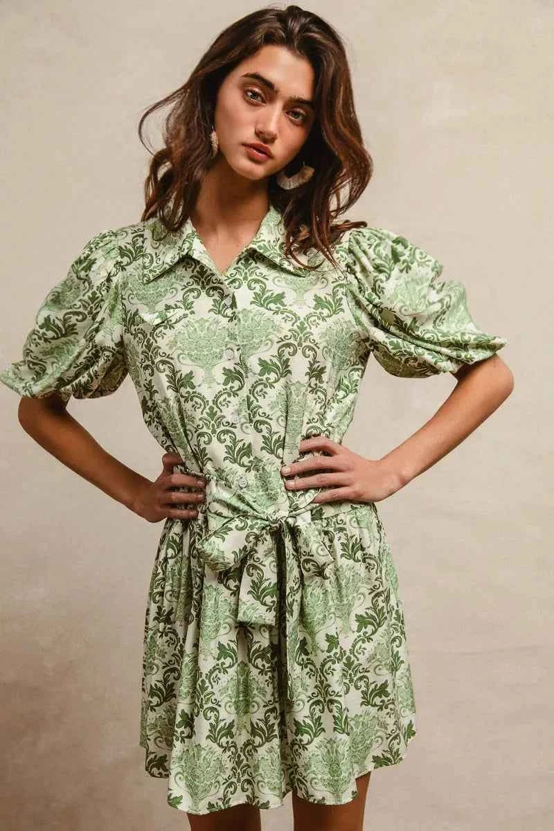 BiBi Tied Floral Short Sleeve Mini Shirt Dress BiBi Tied Floral Short Sleeve Mini Shirt Dress