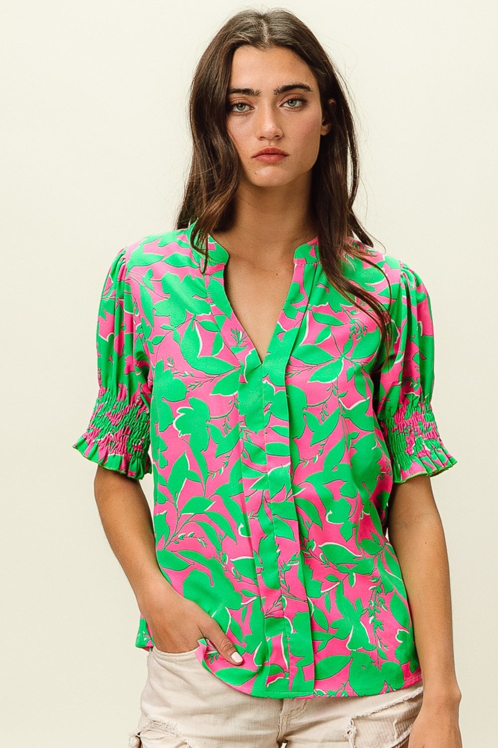 BiBi Smocked Cuff Floral Contrast Top BiBi Smocked Cuff Floral Contrast Top - TopFashionHQ