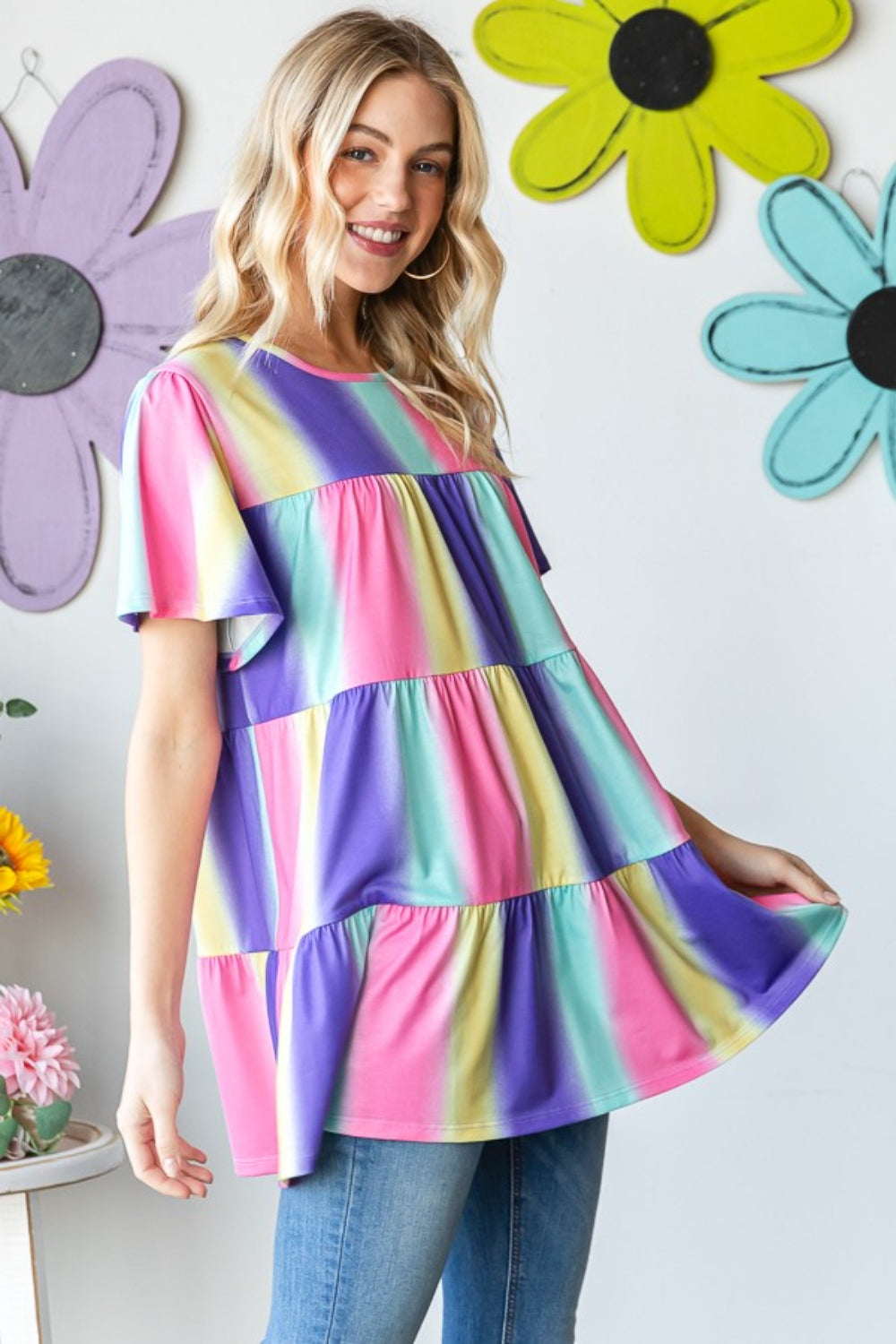 Heimish Full Size Short Sleeve Striped Tiered Top Heimish Full Size Short Sleeve Striped Tiered Top - TopFashionHQ