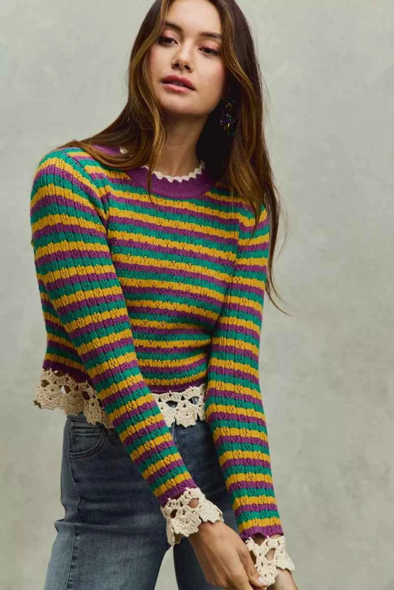 SO ME Mardi Gras Striped Cropped Knit Top with Crochet Edge SO ME Mardi Gras Striped Cropped Knit Top with Crochet Edge