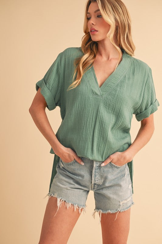 Aemi + Co Side Slit V-Neck Short Sleeve Blouse 64164b80-c37f-4412-b06b-204cfc294a18-Max