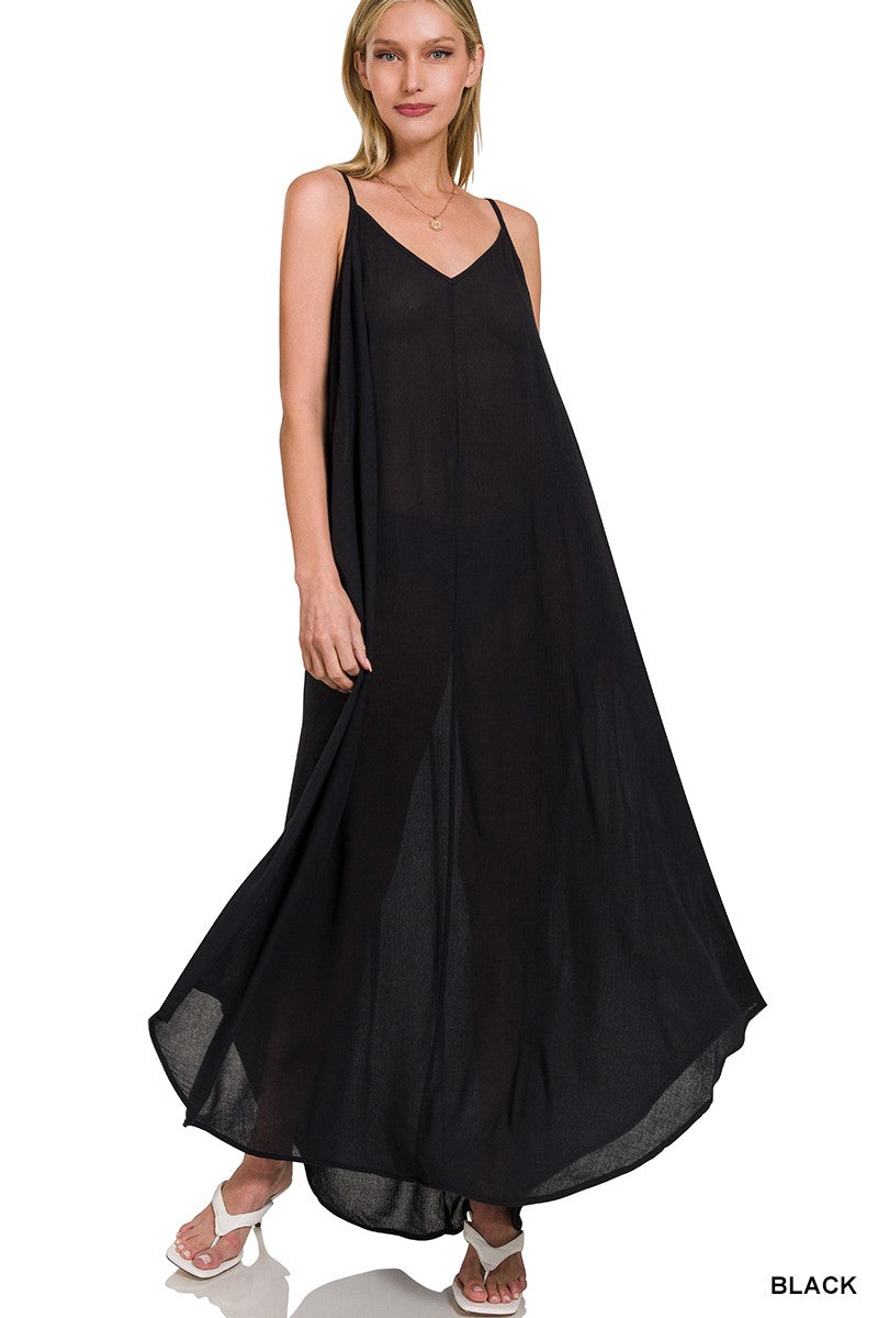 Zenana Woven Crinkle Cami Maxi Dress with Side Pockets 6426901f3e734880a5ed0d03e2ea45ba-Max