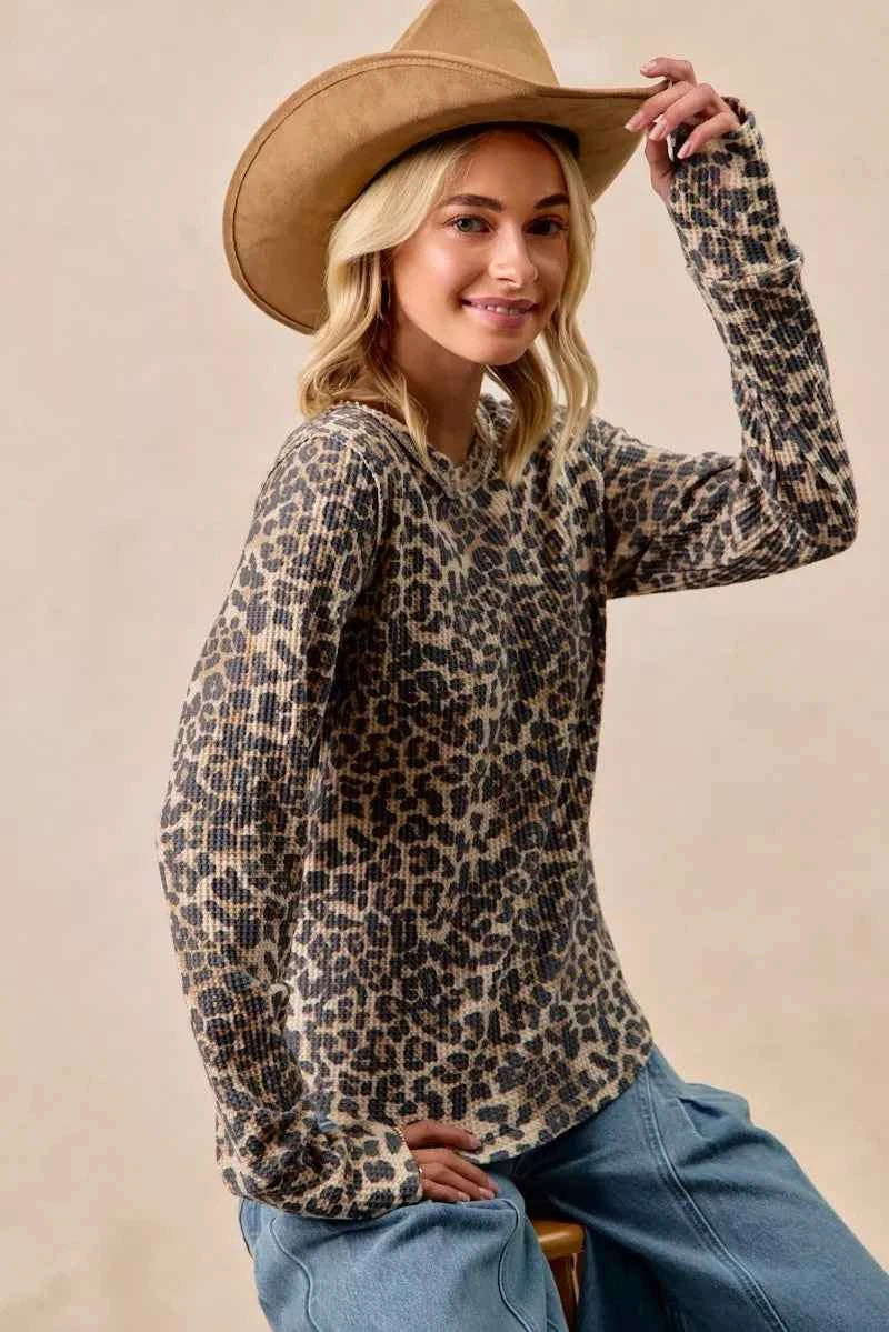 BiBi Leopard Print Washed Waffle Thermal Top with Thumb BiBi Leopard Print Washed Waffle Thermal Top with Thumb