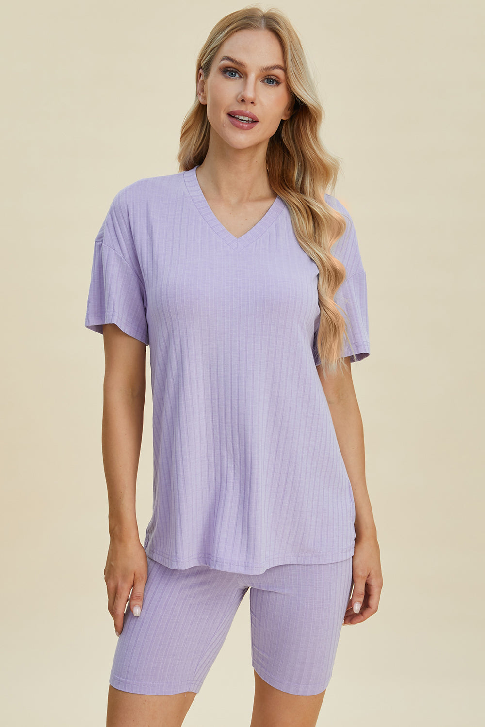 Basic Bae Full Size Ribbed V-Neck Short Sleeve Top and Shorts Set Basic Bae Full Size Ribbed V-Neck Short Sleeve Top and Shorts Set