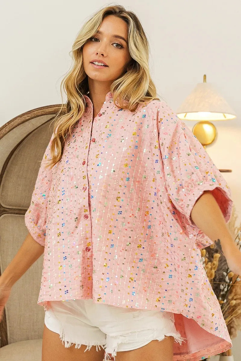 BiBi Sequin Striped Short Dolman Sleeve Blouse 64550273bfd141779cfabf8556631180-Max-Origin