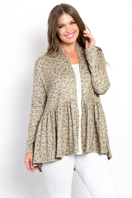 Be Stage Full Size Peplum Leopard Open Front Long Sleeve Cardigan Be Stage Full Size Peplum Leopard Open Front Long Sleeve Cardigan - TopFashionHQ