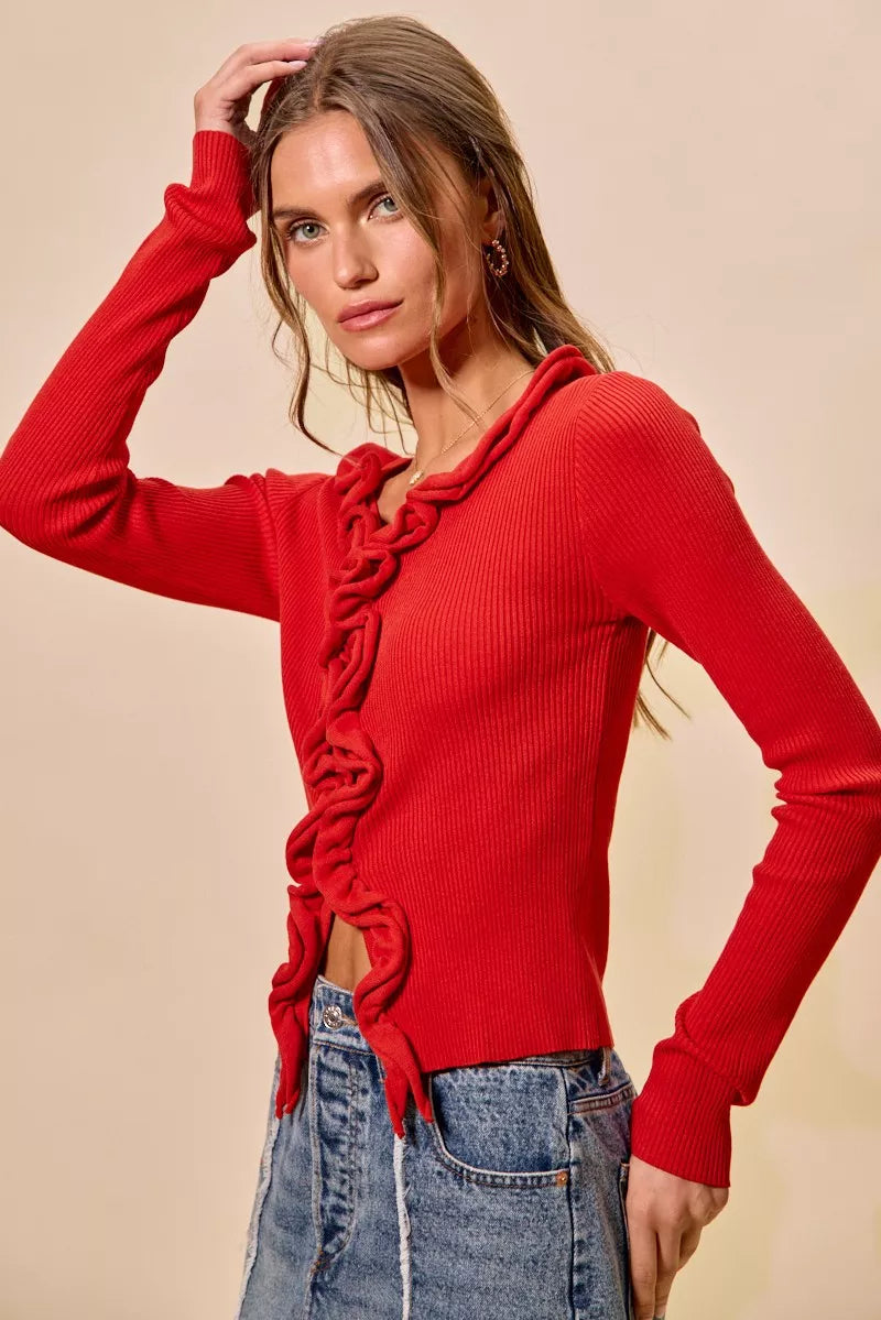 SO ME Cascade Ruffle Ribbed Sweater Cardgian 6490464e9f3847d195a020d83f44bdff-Max-Origin