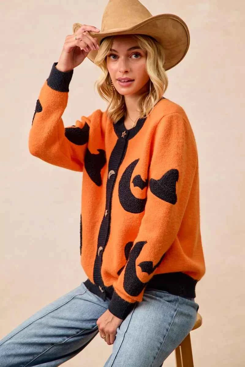 BiBi Halloween Witch Hat Moon Bat Artwork Cardigan BiBi Halloween Witch Hat Moon Bat Artwork Cardigan