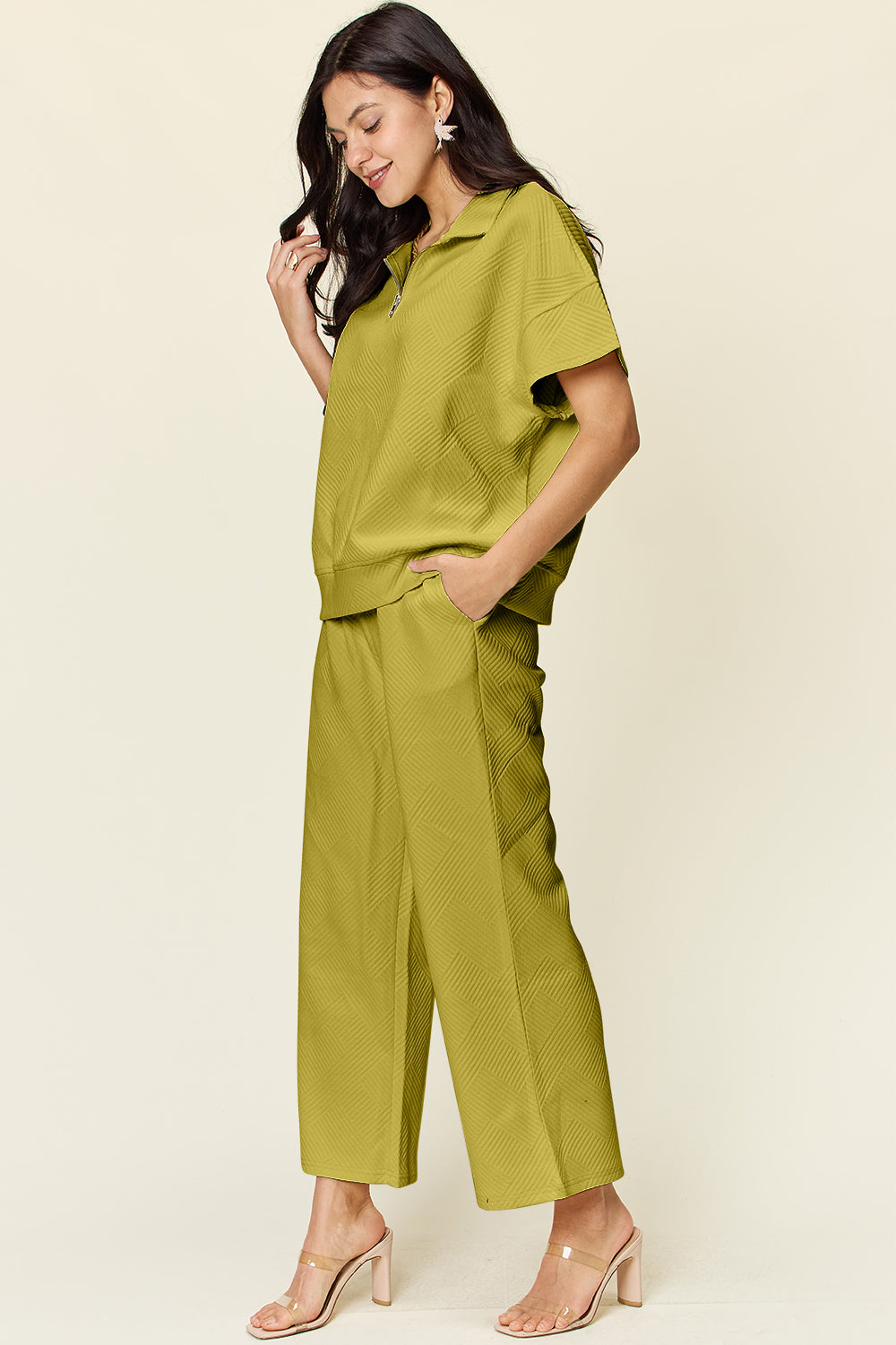 Double Take Full Size Texture Half Zip Short Sleeve Top and Pants Set Double Take Full Size Texture Half Zip Short Sleeve Top and Pants Set