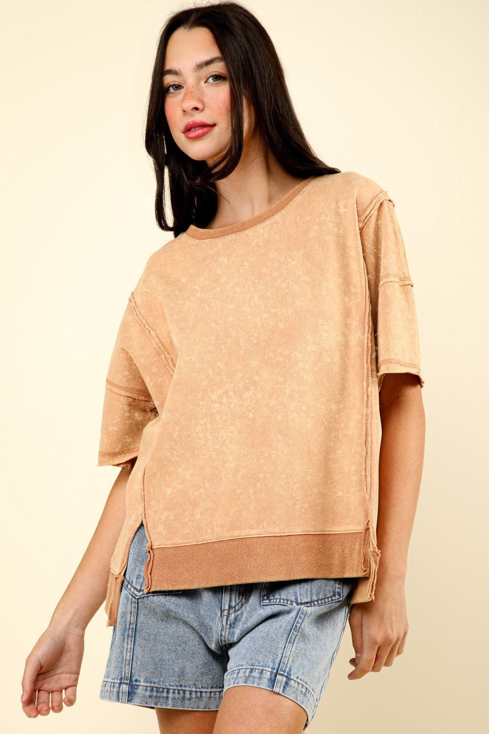 VERY J Round Neck Exposed Seam Slit T-Shirt VERY J Round Neck Exposed Seam Slit T-Shirt - TopFashionHQ