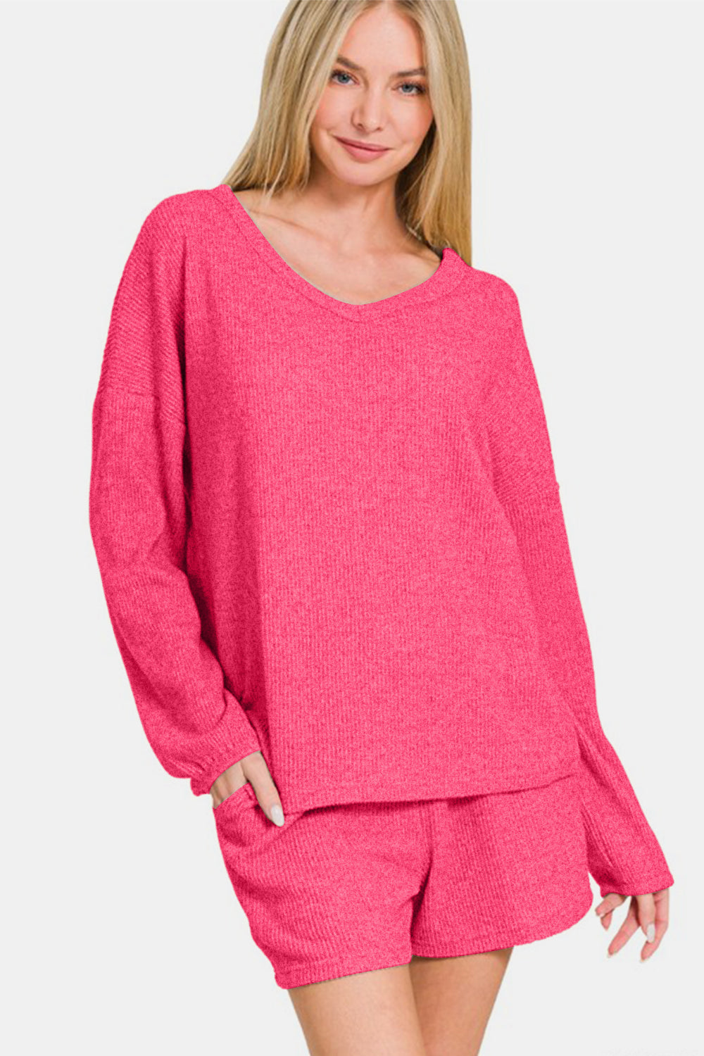 Zenana V-Neck Long Sleeve Ribbed Top and Shorts Set Zenana V-Neck Long Sleeve Ribbed Top and Shorts Set - TopFashionHQ