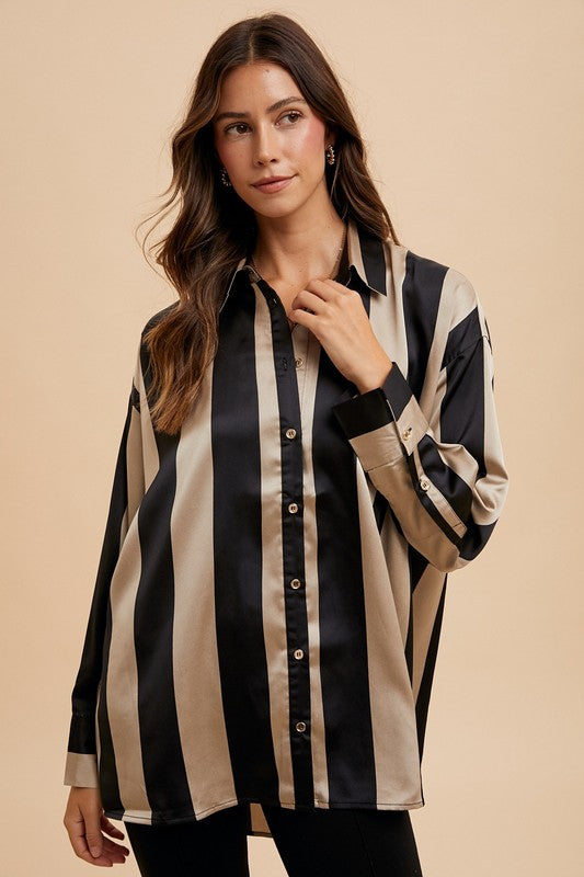 Annie Wear Striped Dropped Shoulder Button Up Shirt Annie Wear Striped Dropped Shoulder Button Up Shirt