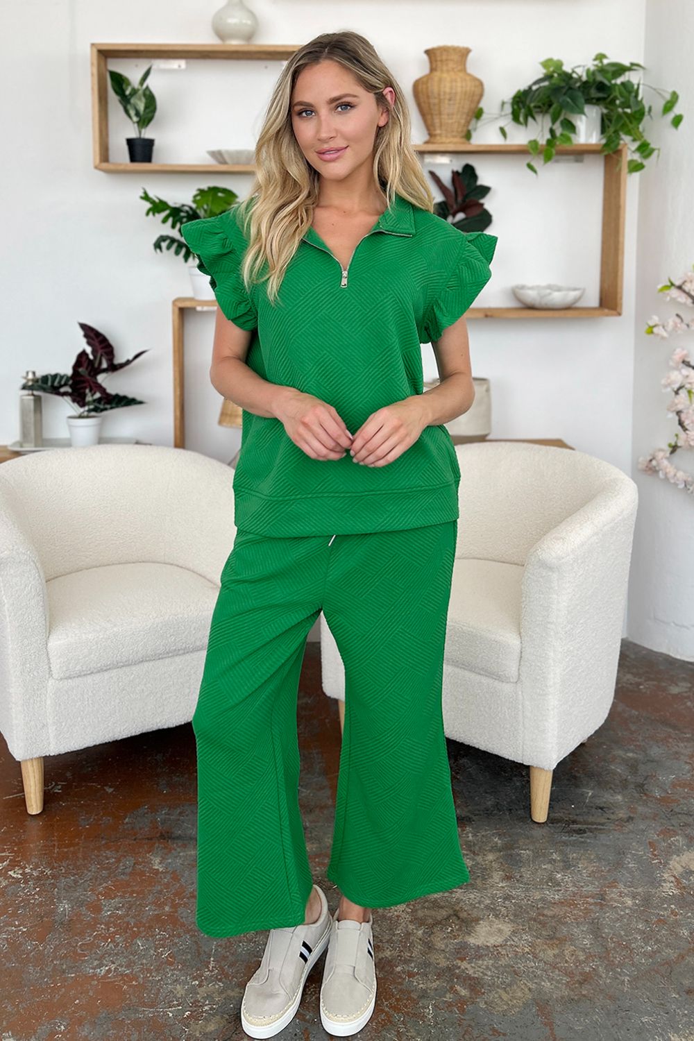 Double Take Texture Ruffle Short Sleeve Top and Drawstring Wide Leg Pants Set Double Take Texture Ruffle Short Sleeve Top and Drawstring Wide Leg Pants Set