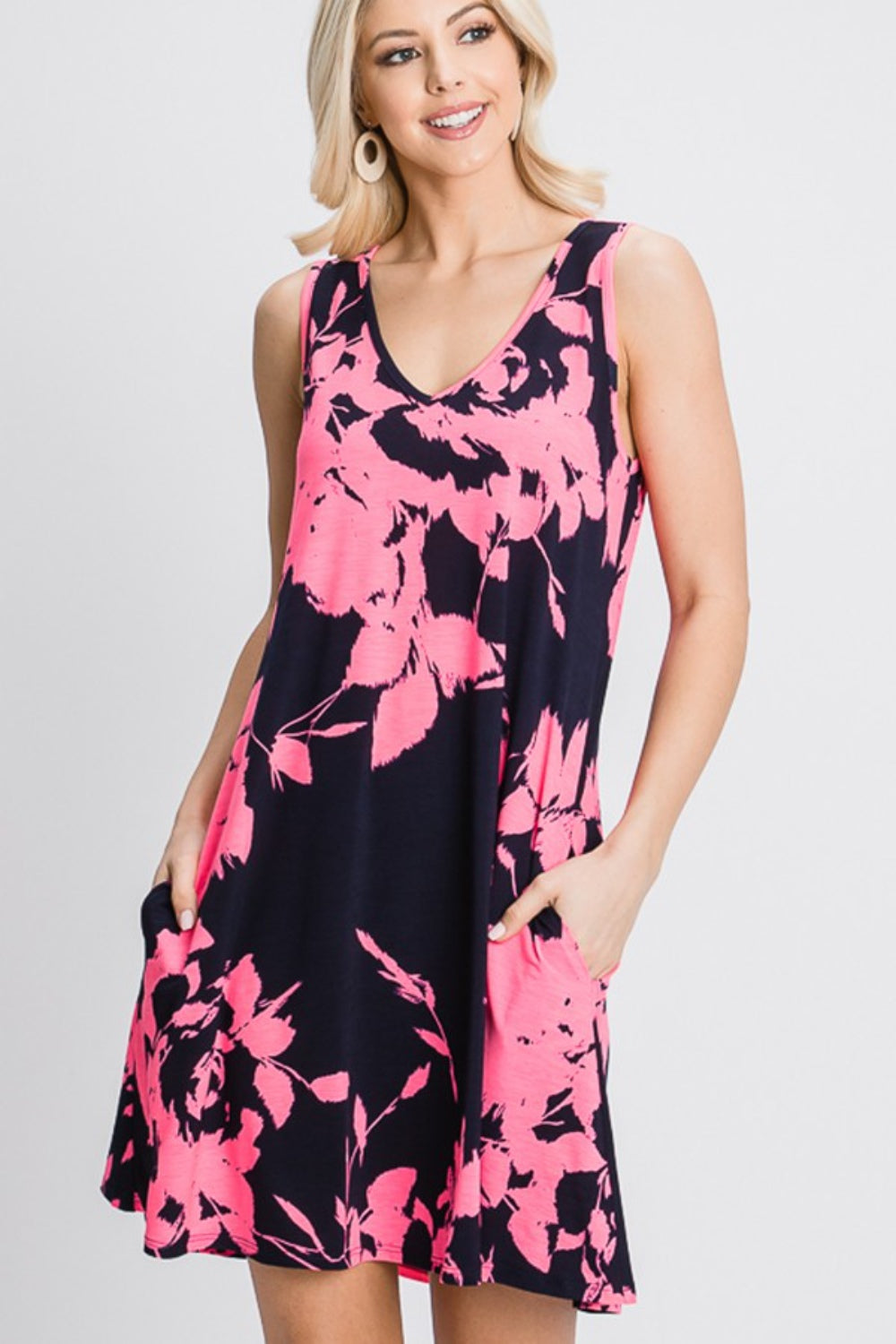 Heimish Full Size Floral V-Neck Tank Dress with Pockets Heimish Full Size Floral V-Neck Tank Dress with Pockets - TopFashionHQ