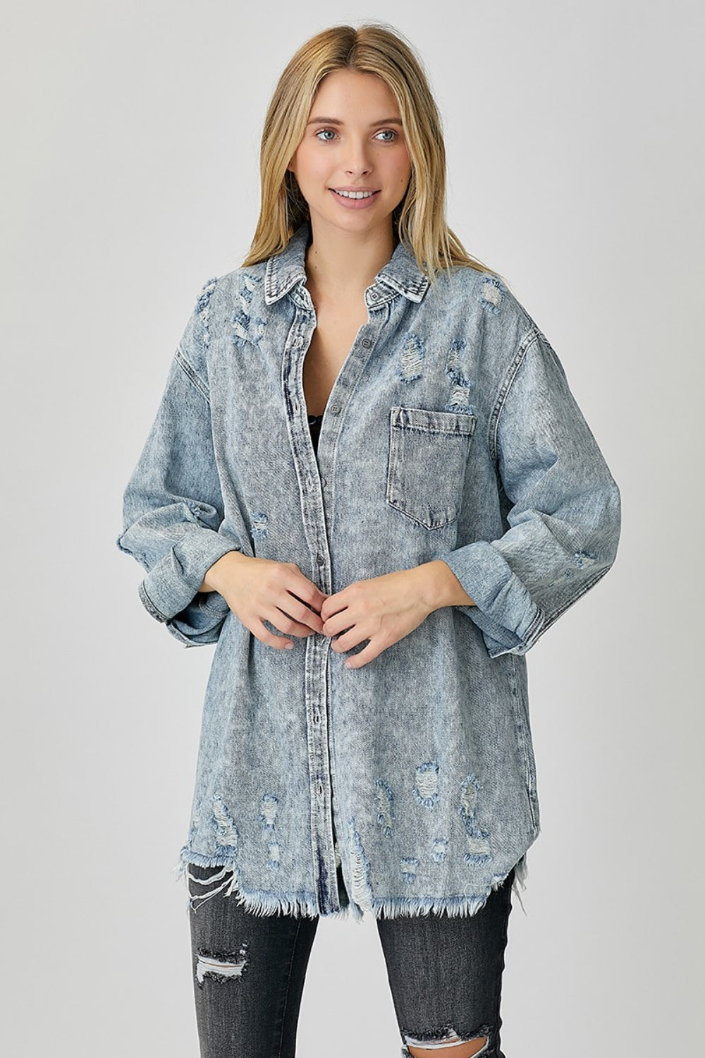 RISEN Distressed Raw Hem Denim Shirt RISEN Distressed Raw Hem Denim Shirt