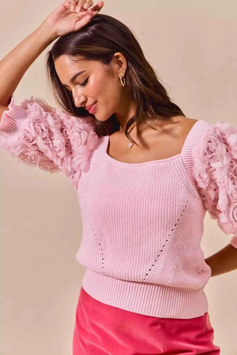 SO ME Rosette Sleeves Square Neck Sweater Knit Top SO ME Rosette Sleeves Square Neck Sweater Knit Top