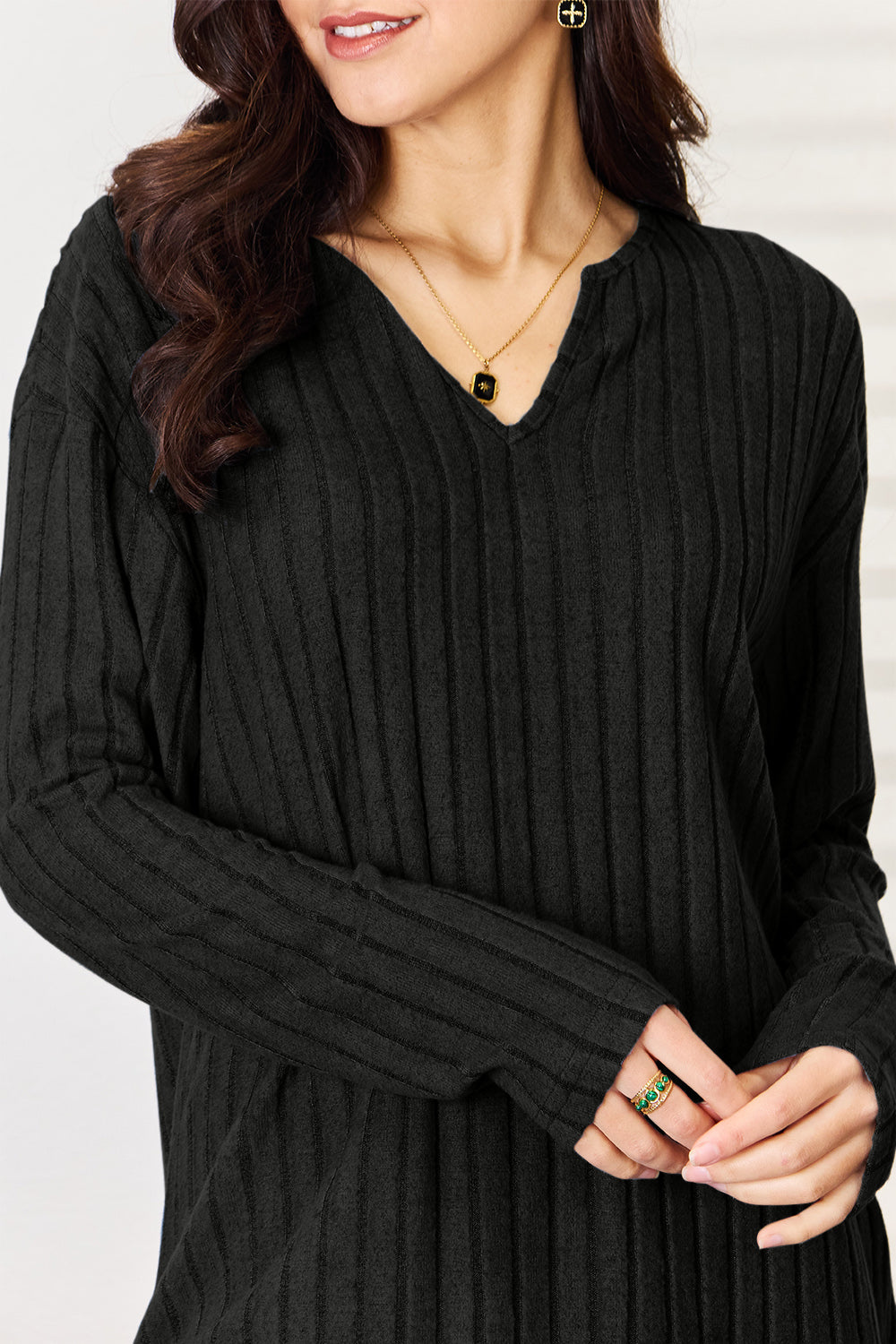 Basic Bae Full Size Notched Long Sleeve Top and Pants Set Basic Bae Full Size Notched Long Sleeve Top and Pants Set - TopFashionHQ
