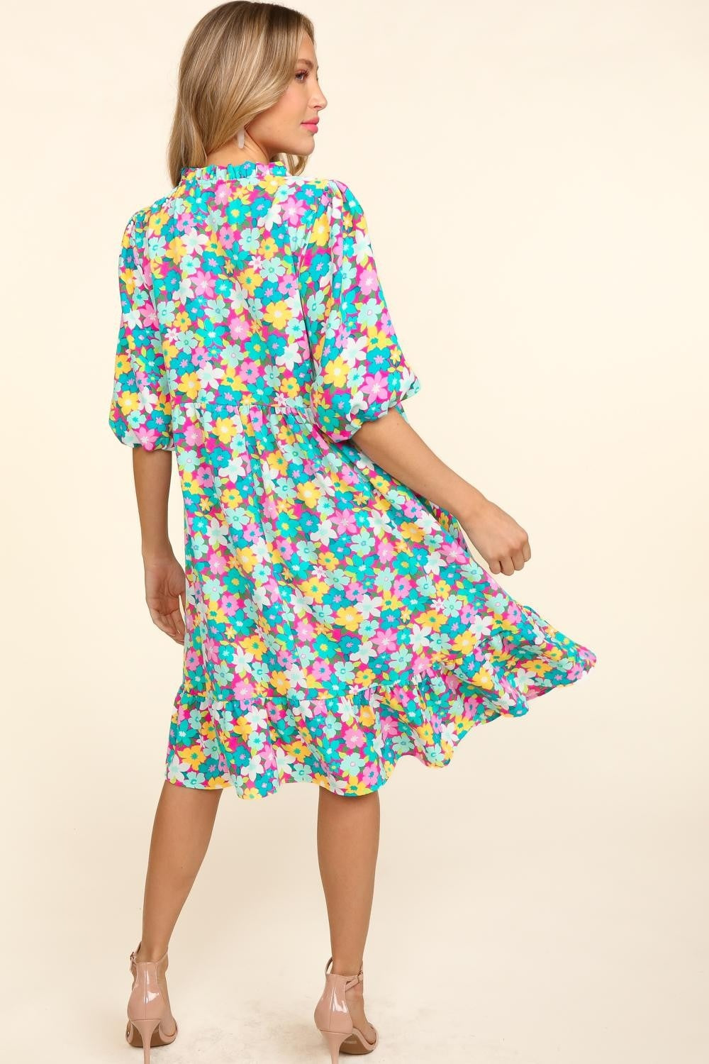Haptics Bubble Sleeve Floral Ruffled Dress Haptics Bubble Sleeve Floral Ruffled Dress - TopFashionHQ