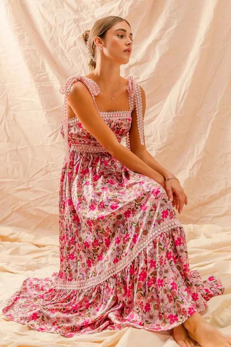 SO ME Floral Maxi Dress With Ribbon Tie Lace Strap SO ME Floral Maxi Dress With Ribbon Tie Lace Strap