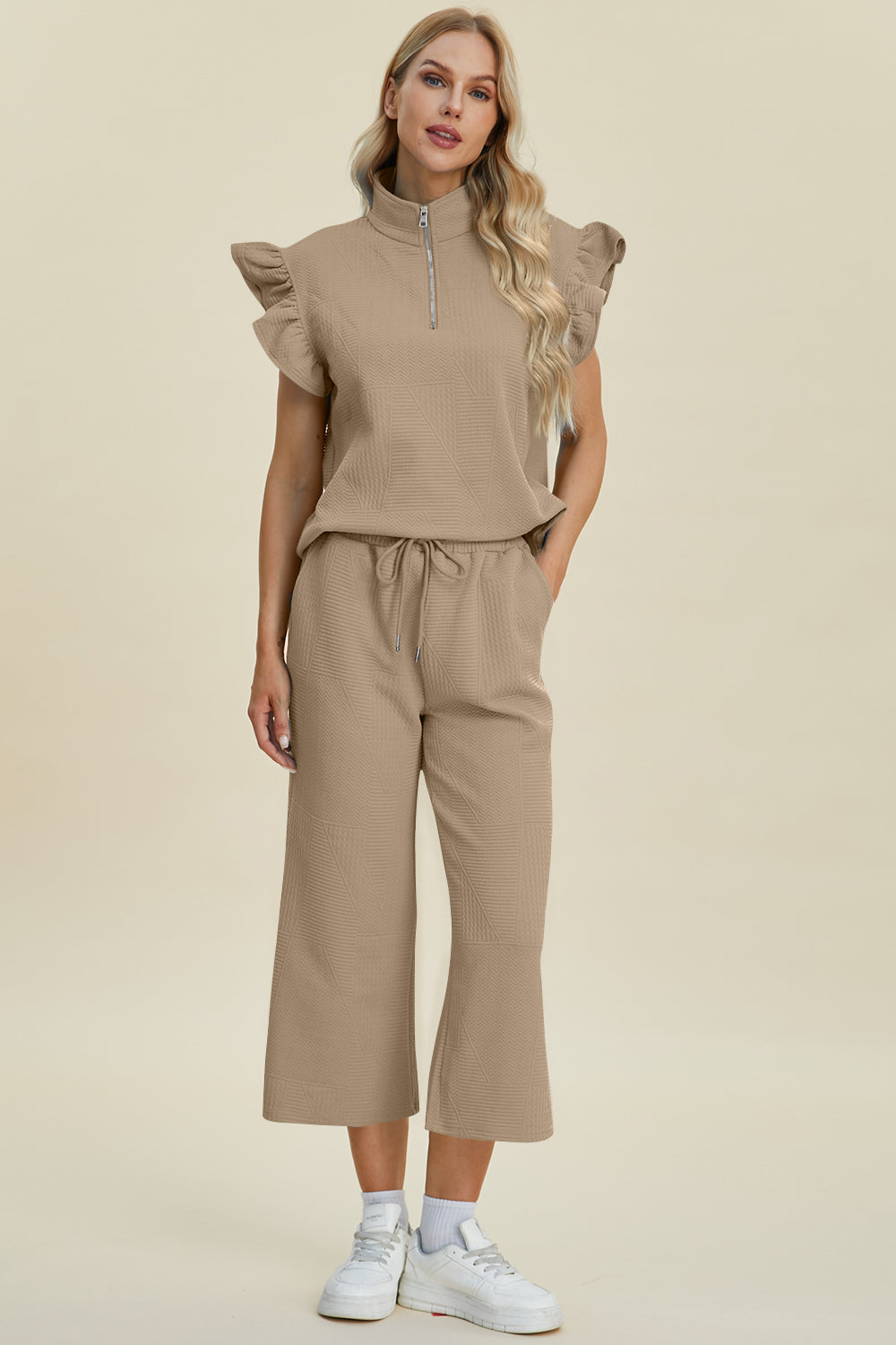 Double Take Full Size Texture Ruffle Short Sleeve Top and Wide Leg Pants Set Double Take Full Size Texture Ruffle Short Sleeve Top and Wide Leg Pants Set
