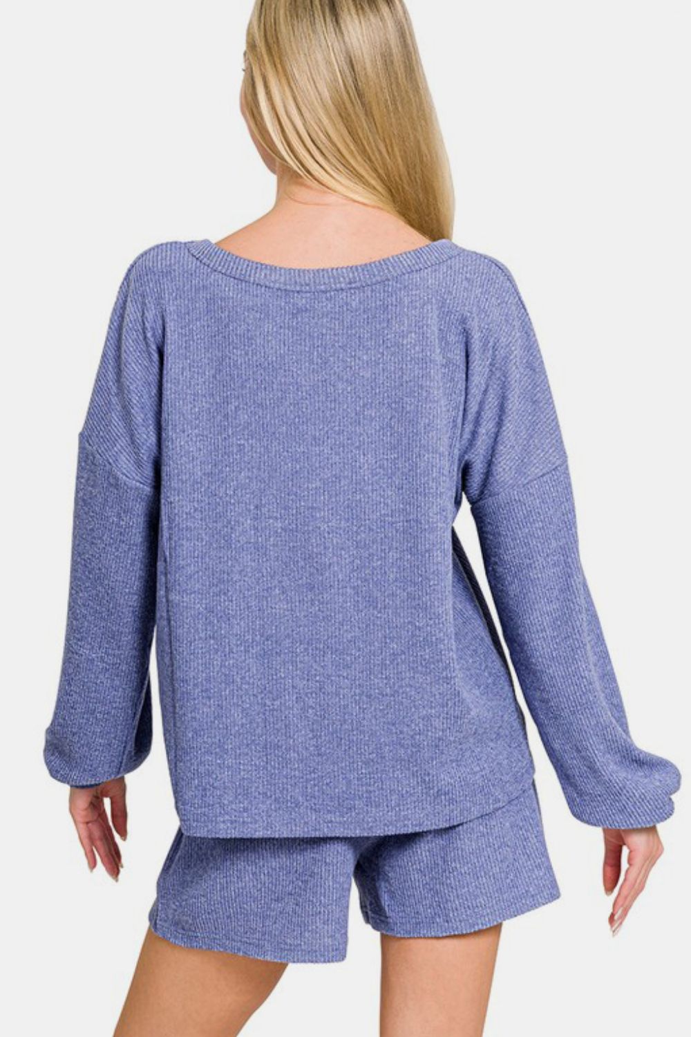 Zenana V-Neck Long Sleeve Ribbed Top and Shorts Set Zenana V-Neck Long Sleeve Ribbed Top and Shorts Set - TopFashionHQ