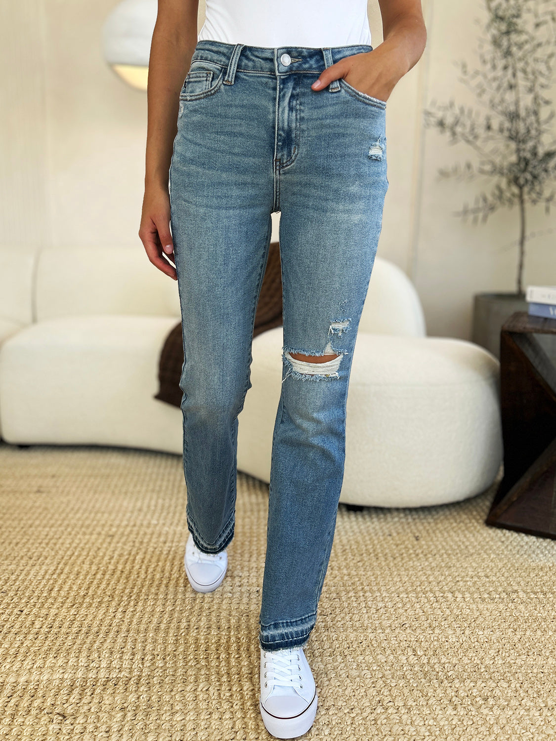 Judy Blue Full Size Mid Rise Destroyed Hem Distressed Jeans Judy Blue Full Size Mid Rise Destroyed Hem Distressed Jeans - TopFashionHQ