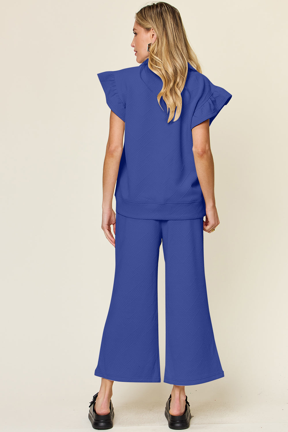 Double Take Texture Ruffle Short Sleeve Top and Drawstring Wide Leg Pants Set Double Take Texture Ruffle Short Sleeve Top and Drawstring Wide Leg Pants Set