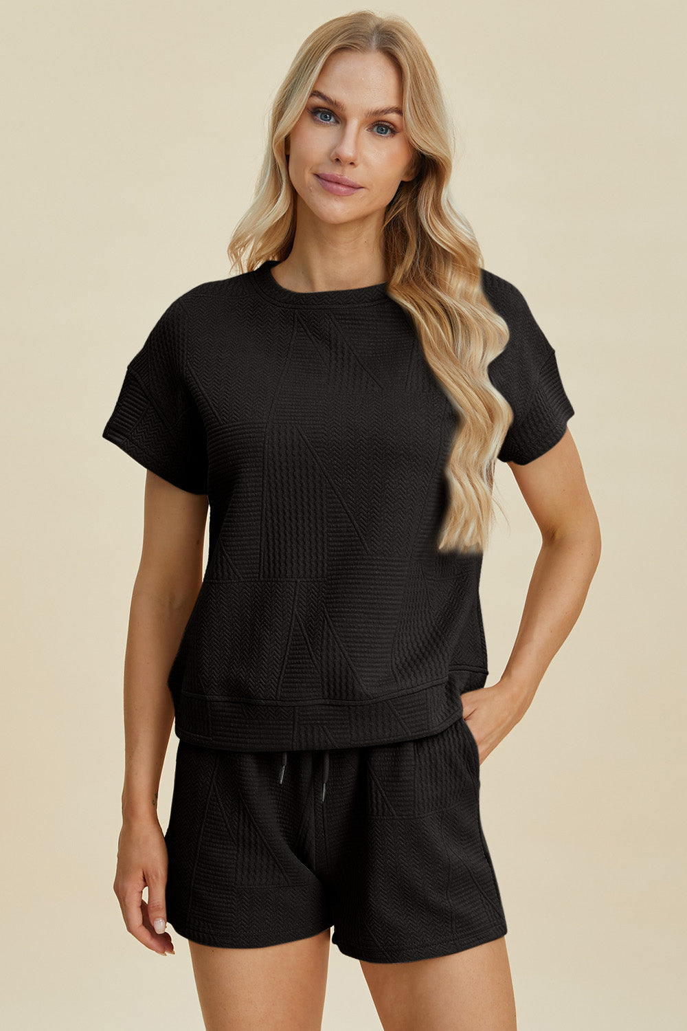 Double Take Full Size Texture Short Sleeve Top and Shorts Set Double Take Full Size Texture Short Sleeve Top and Shorts Set