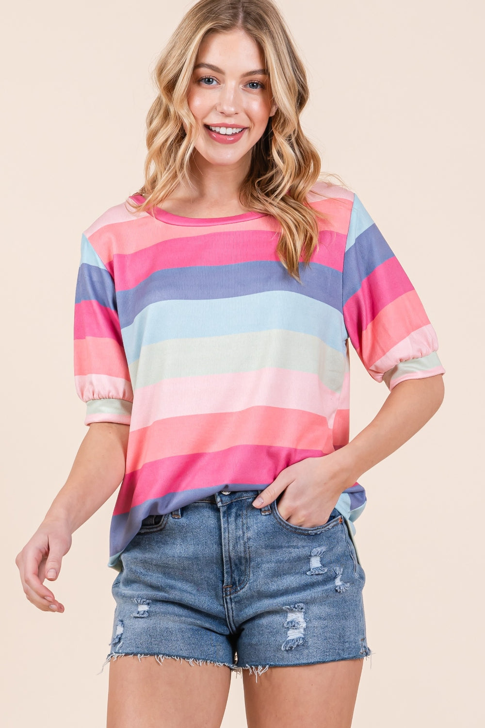 BOMBOM Striped Round Neck Half Sleeve T-Shirt BOMBOM Striped Round Neck Half Sleeve T-Shirt - TopFashionHQ