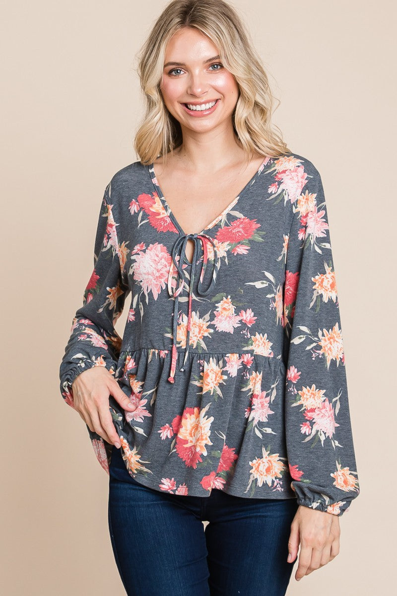 Super Lady Full Size Babydoll Floral Long Sleeve Blouse Super Lady Full Size Babydoll Floral Long Sleeve Blouse