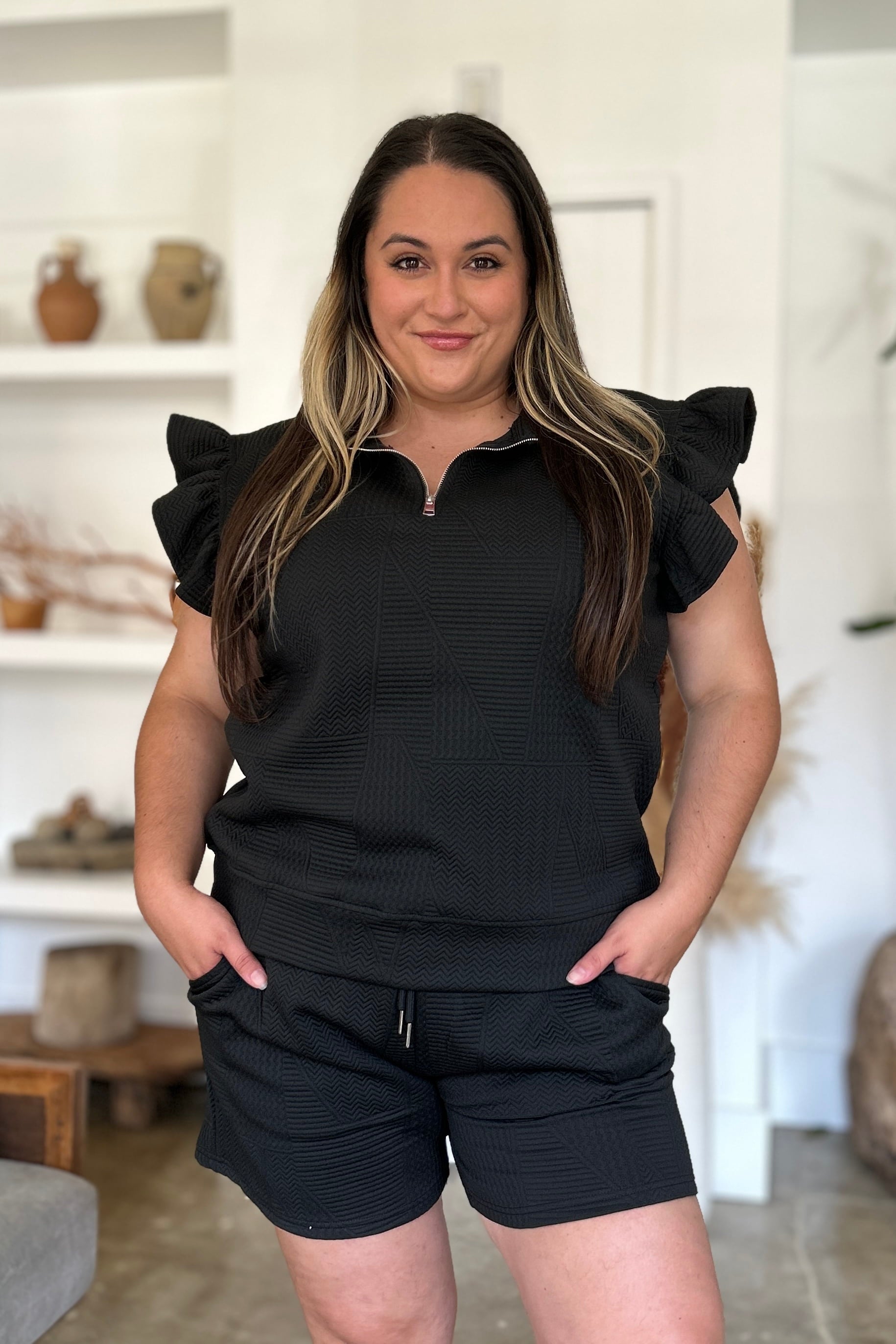 Double Take Full Size Texture Flounce Sleeve Top and Shorts Set Double Take Full Size Texture Flounce Sleeve Top and Shorts Set