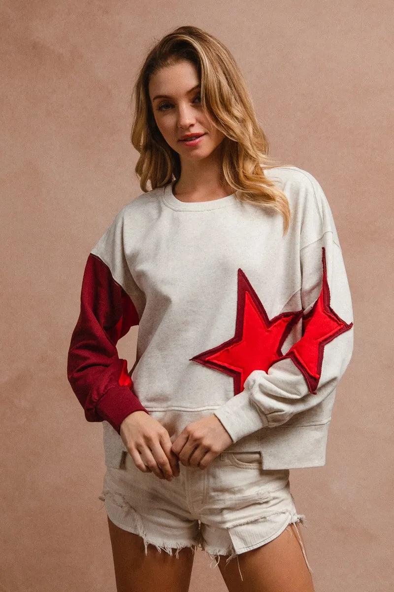 BiBi Star Patch And Spliced Hemline French Terry Long Sleeve Sweatshirt 6631c9a222624769a35ef24436be6378-Max-Origin