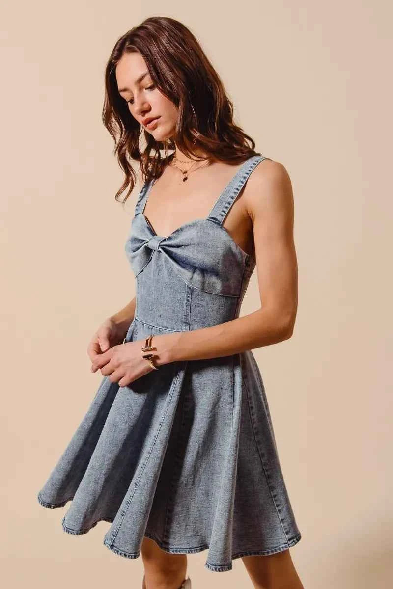 SO ME Mineral Washed Bow Ribbon Denim Flare Dress SO ME Mineral Washed Bow Ribbon Denim Flare Dress
