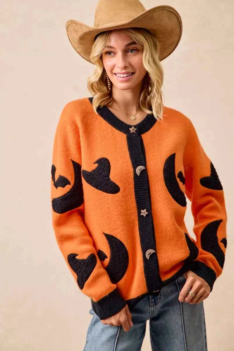 BiBi Halloween Witch Hat Moon Bat Artwork Cardigan BiBi Halloween Witch Hat Moon Bat Artwork Cardigan