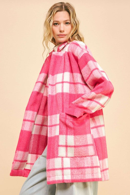 Davi & Dani Plaid Open Front Drop Shoulder Longline Coat Davi & Dani Plaid Open Front Drop Shoulder Longline Coat