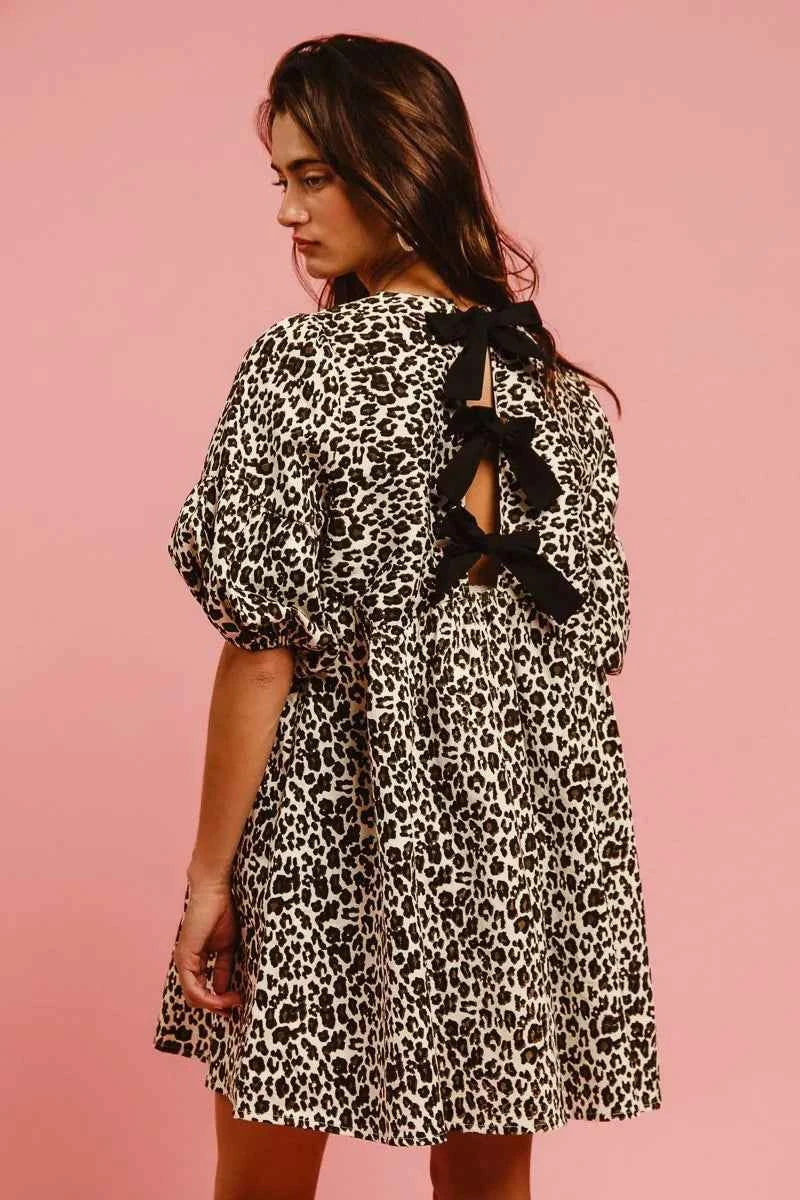 BiBi Leopard Denim Dress With Back Contrast Tie Detail BiBi Leopard Denim Dress With Back Contrast Tie Detail