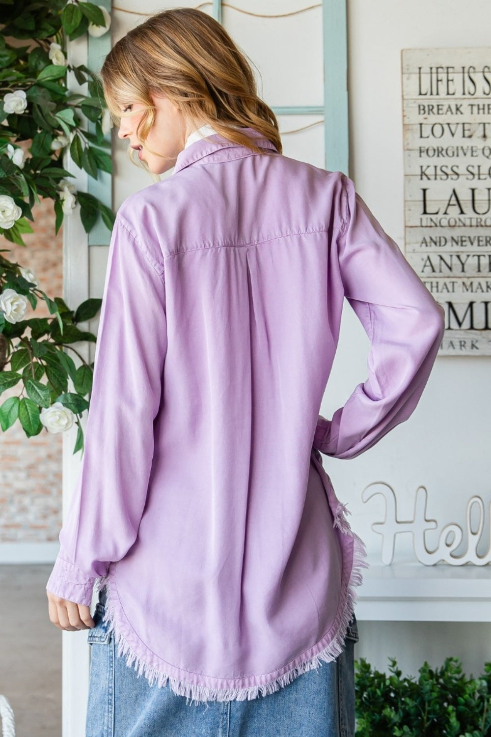 Veveret Raw Hem Button Up Long Sleeve Shirt Veveret Raw Hem Button Up Long Sleeve Shirt - TopFashionHQ