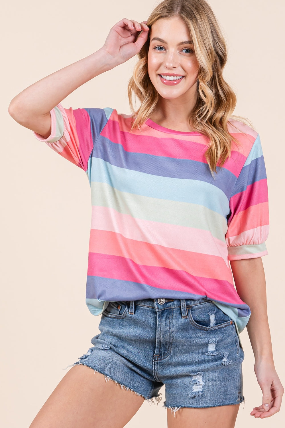 BOMBOM Striped Round Neck Half Sleeve T-Shirt BOMBOM Striped Round Neck Half Sleeve T-Shirt - TopFashionHQ