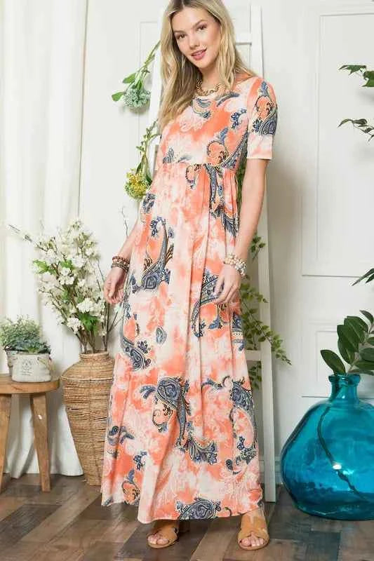 Celeste Paisley Print Short Sleeve Maxi Dress with Pockets Celeste Paisley Print Short Sleeve Maxi Dress with Pockets