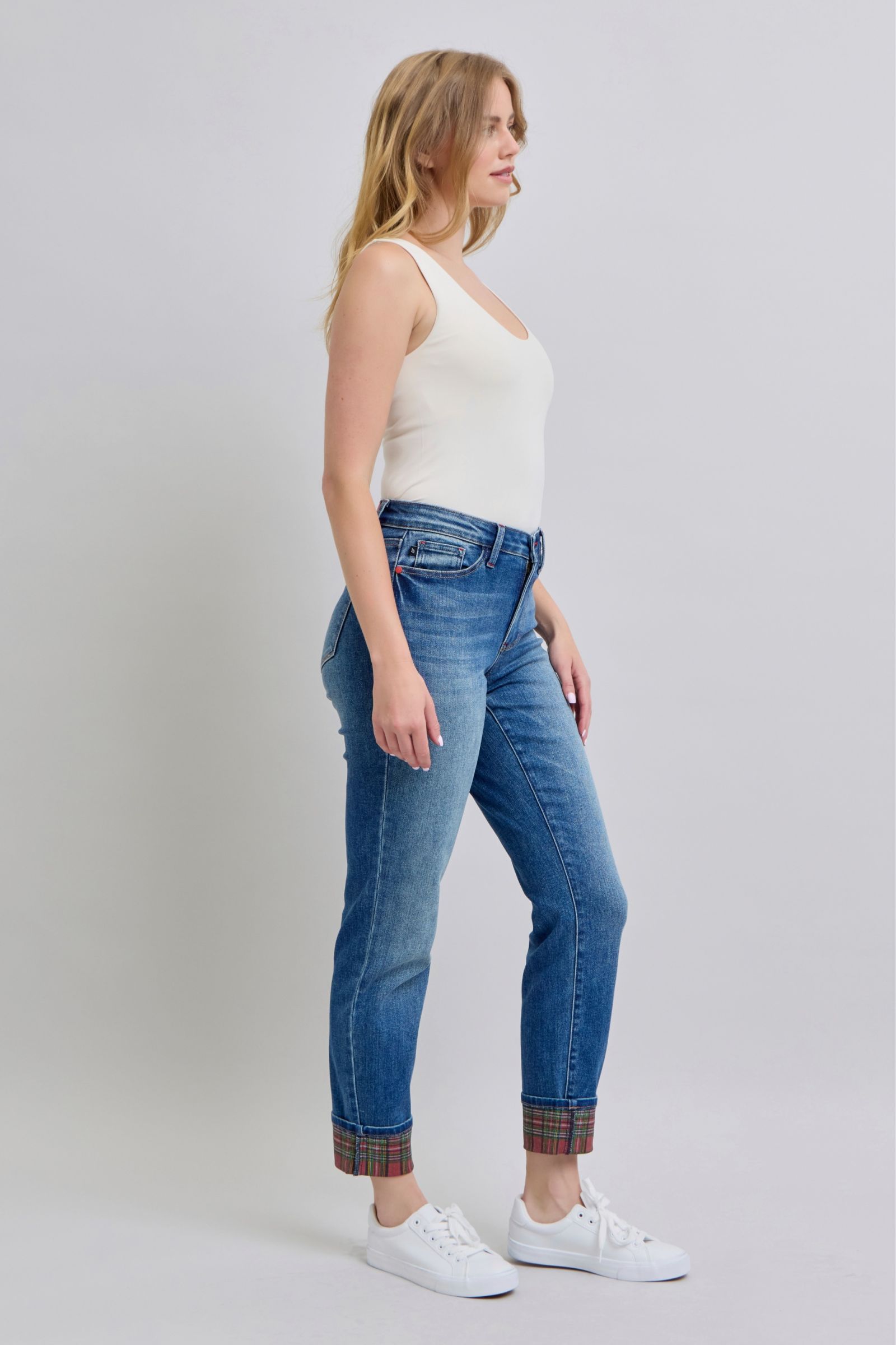Judy Blue Full Size Plaid Print Cuff Straight Leg Jeans with Pockets Judy Blue Full Size Plaid Print Cuff Straight Leg Jeans with Pockets - TopFashionHQ