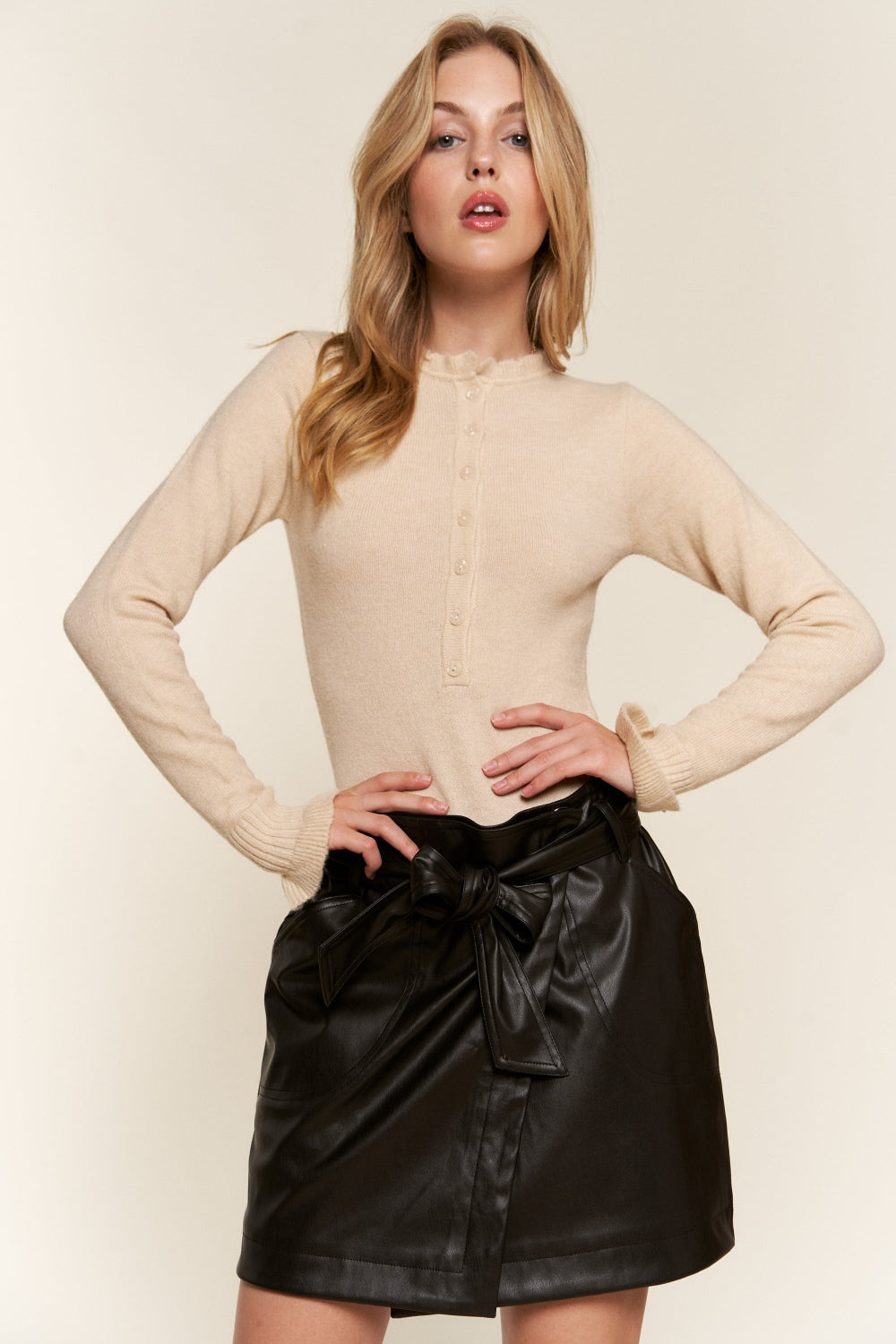 And The Why Half Button Round Neck Long Sleeve Bodysuit And The Why Half Button Round Neck Long Sleeve Bodysuit - TopFashionHQ