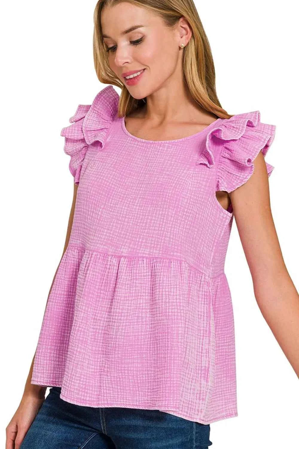 Zenana Double Gauze Acid Washed Tiered Ruffle Peplum Top Zenana Double Gauze Acid Washed Tiered Ruffle Peplum Top